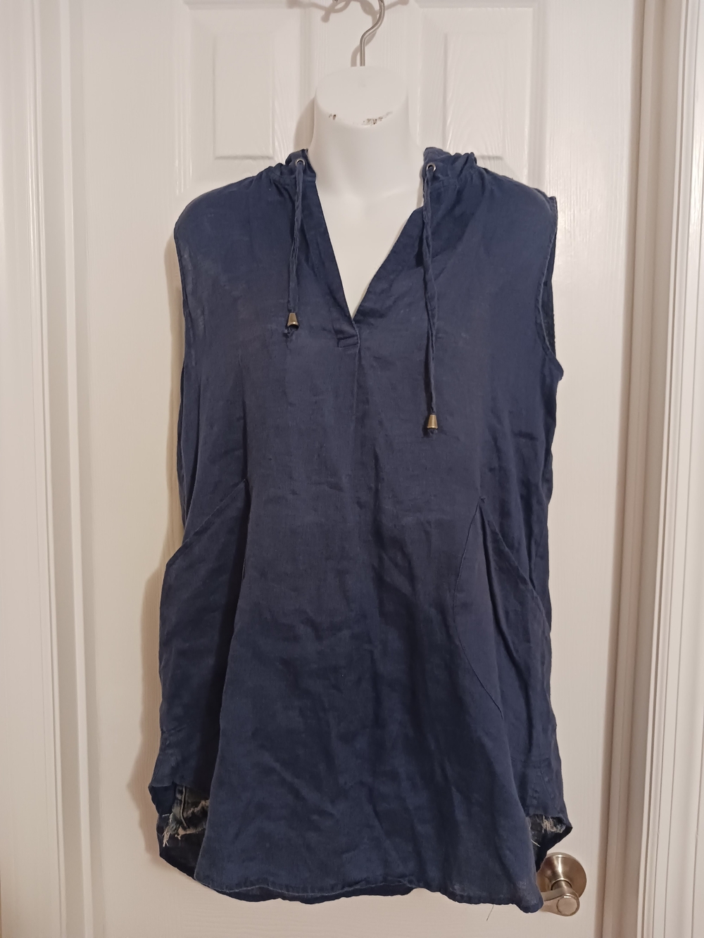 For Cynthia Navy Sleeveless Hooded Linen Swim Coverup Pockets Small